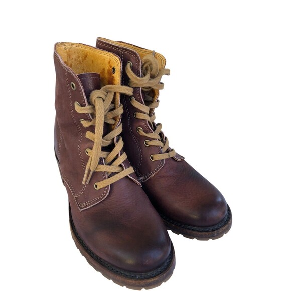 Frye Sabrina 6G Brown Leather Lace Up Chunky Heeled Combat Ankle Booties 7.5 - Picture 2 of 12